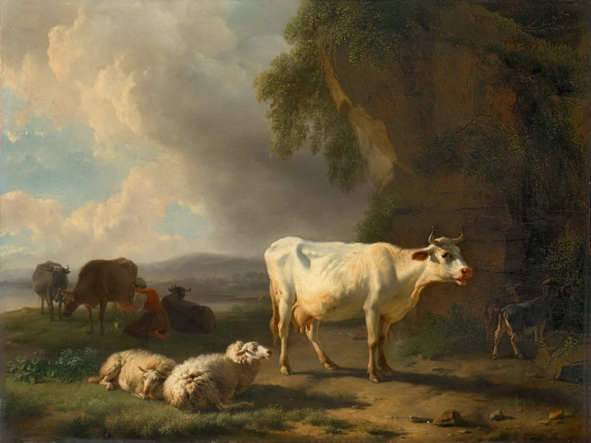 Paesaggio con bovini e pecore